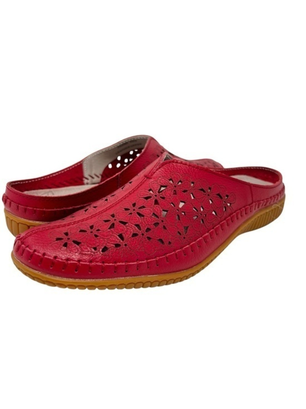 Spring Step Red Floral Laser-Cut Leather Slip-On Mules